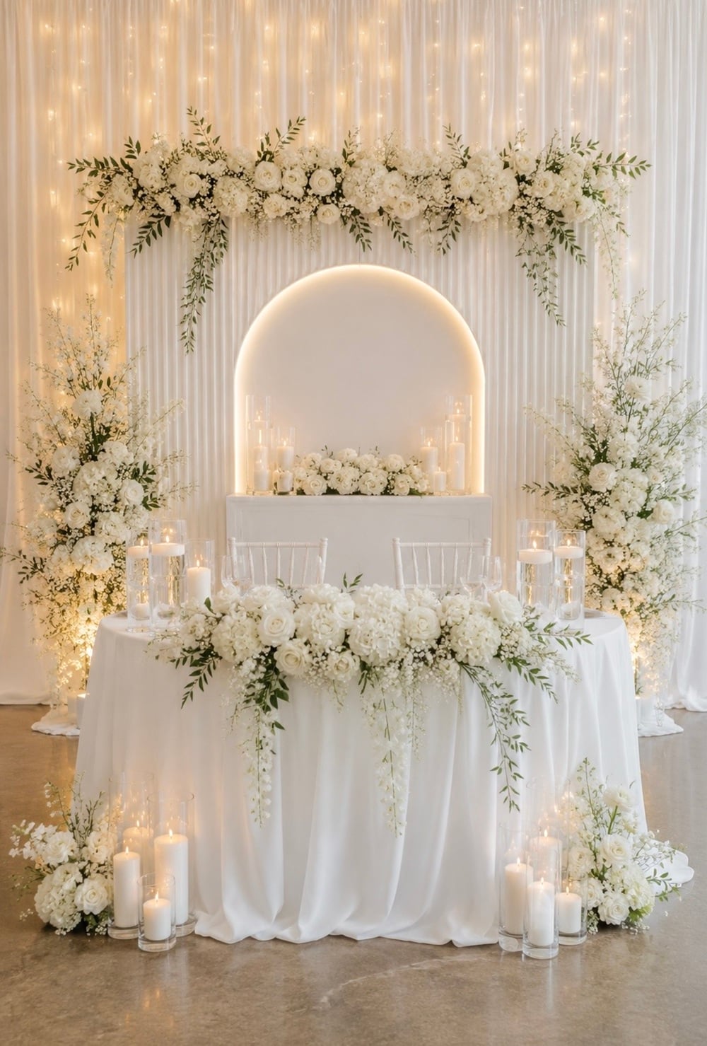 Create a dreamlike setting with an all white wedding sweetheart table that exudes timeless elegance and sophistication. Perfect for couples seeking a classic and chic vibe, this table setting features luxurious white linens, elegant floral arrangements, and delicate candlelight to create a romantic ambiance. All white wedding, sweetheart table, elegant wedding decor, romantic table setting, white floral arrangements, wedding candlelight, classic wedding style. Transform your venue into a serene and sophisticated space that beautifully highlights the love you share.