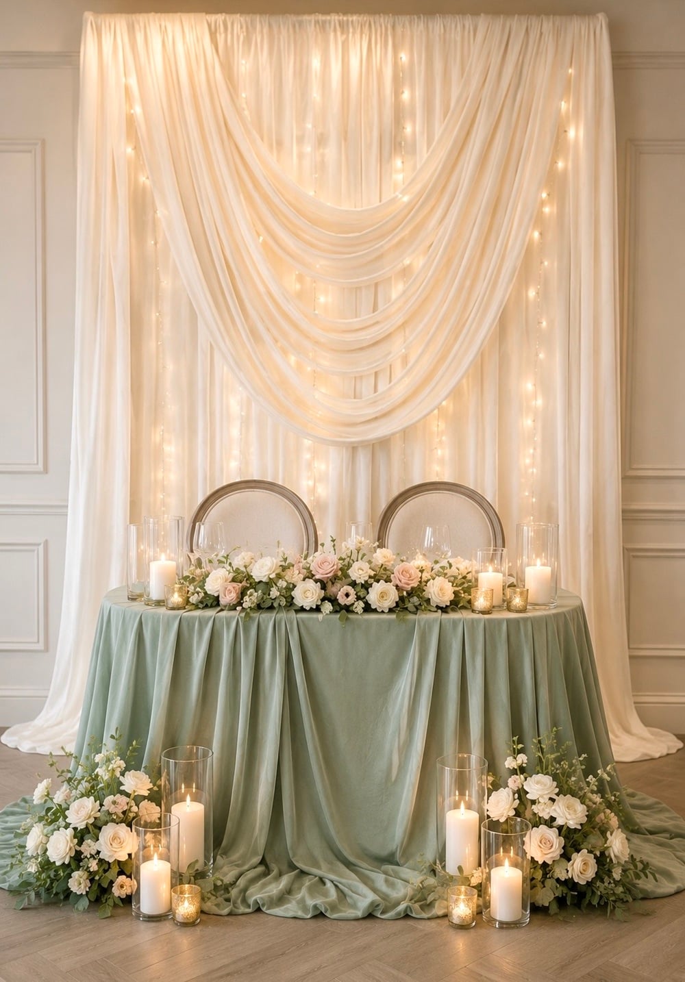 Transform your wedding venue with a stunning bride and groom table featuring exquisite draping that exudes elegance and sophistication. Perfect for creating a focal point at your reception, this chic setup incorporates luxurious fabrics, cascading designs, and intricate details. Whether you prefer romantic lace, classic tulle, or modern satin, these drapes elevate any theme. Incorporate floral arrangements and ambient lighting to enhance the ambiance. Ideal for rustic, vintage, or modern weddings, this table setup is a show-stopping addition. Wedding decor, elegant draping, reception ideas.