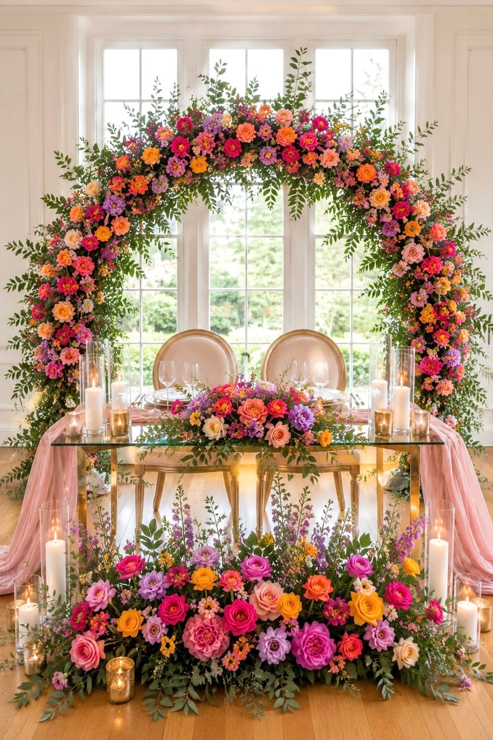 write a 600 character pinterest pin description for colourful sweetheart table. include related keywords and find annotations on pinterest to add as part of the description. Find annotations for this keyword and add to description
