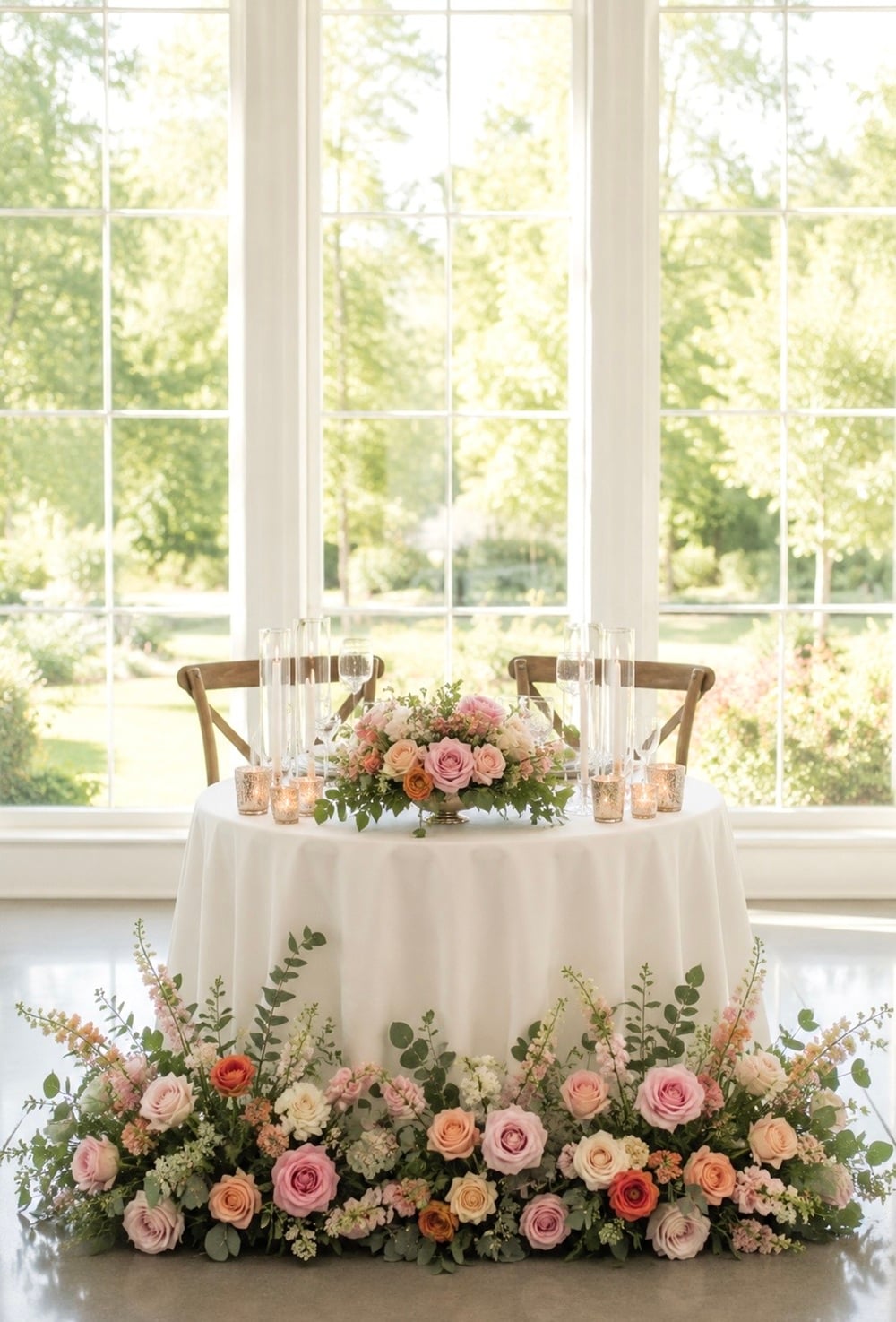 Create a romantic, enchanting ambiance with a breathtaking bride-and-groom table adorned with lavish flowers on the ground. This stunning setup is perfect for a wedding reception, bringing a touch of nature's beauty to your special day. Wedding decor, floral arrangements, table setting, romantic wedding. Ideal for outdoor and garden weddings, this floral arrangement symbolizes love and togetherness. Wedding inspiration, elegant decor, floral wedding ideas.