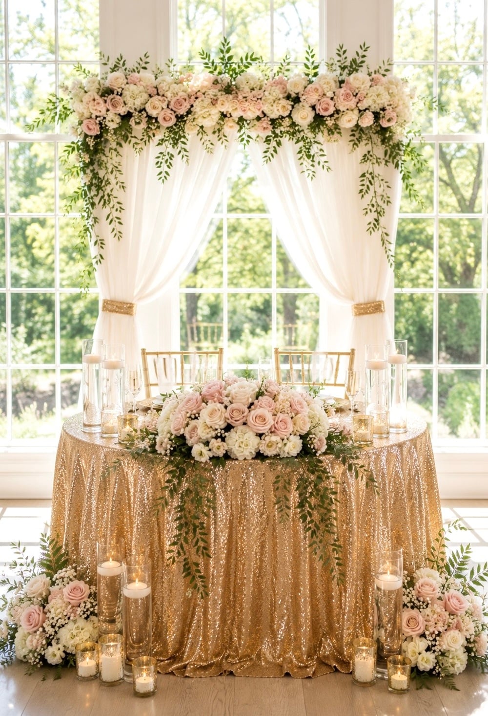 Elevate your wedding with a gold and glam sweetheart table that exudes luxury and romance. Picture an opulent setting adorned with shimmering gold accents, elegant tableware, and lush floral arrangements. Transform your venue with stylish decor like gilded candle holders, satin table runners, and sparkling crystal details. Perfect for couples who love a touch of extravagance, these ideas will make your sweetheart table the focal point of your celebration. Gold wedding decor, glam wedding ideas, luxury sweetheart table, elegant wedding styling.