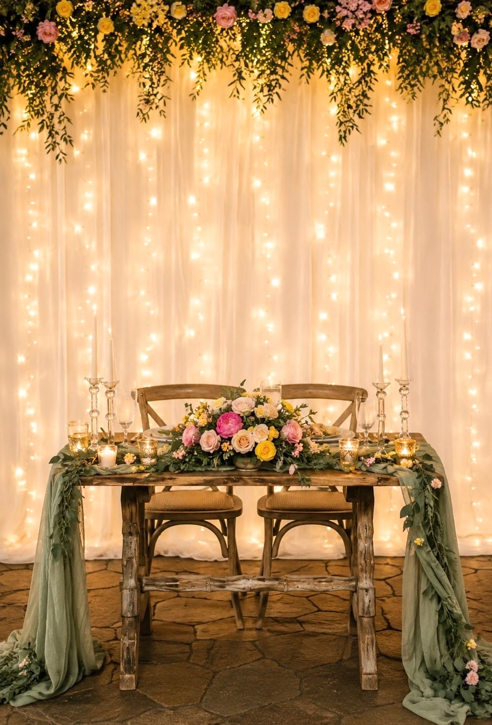 Transform your wedding decor with twinkle lights that add a magical glow to the bride and groom's table. These fairy lights create a romantic ambiance, perfect for capturing unforgettable moments. Whether you're planning an outdoor garden wedding or an intimate indoor affair, these lights enhance any setting with their soft, twinkling charm. Ideal for creating a cozy, inviting atmosphere, they're a must-have for any couple looking to add a touch of sparkle to their big day. Wedding decor, romantic lighting, fairy lights.