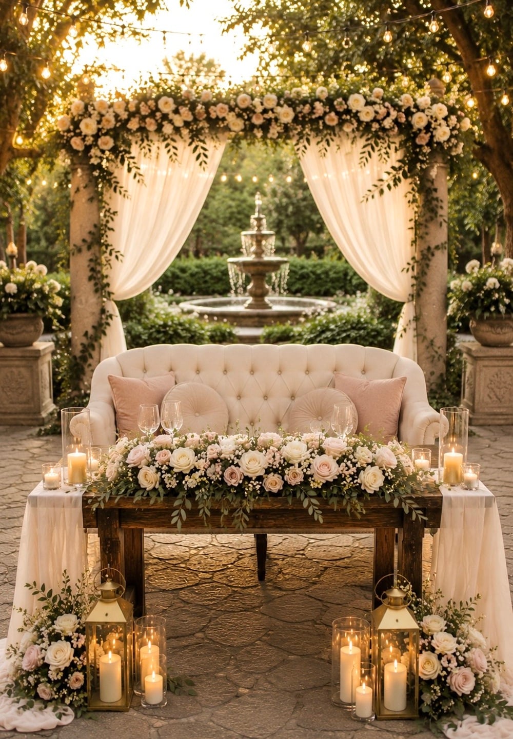 Create a stunning focal point at your wedding reception with a bride and groom table featuring a charming loveseat. Perfect for intimate moments and beautiful photographs, this setup combines elegance with comfort. Adorn the table with lush florals, delicate candles, and personalized touches for a romantic ambiance. Ideal for garden weddings, rustic barn settings, or elegant ballroom affairs, this loveseat seating arrangement offers a cozy and stylish alternative to traditional chairs. Bride and groom table, loveseat, wedding reception, romantic setup, intimate seating.