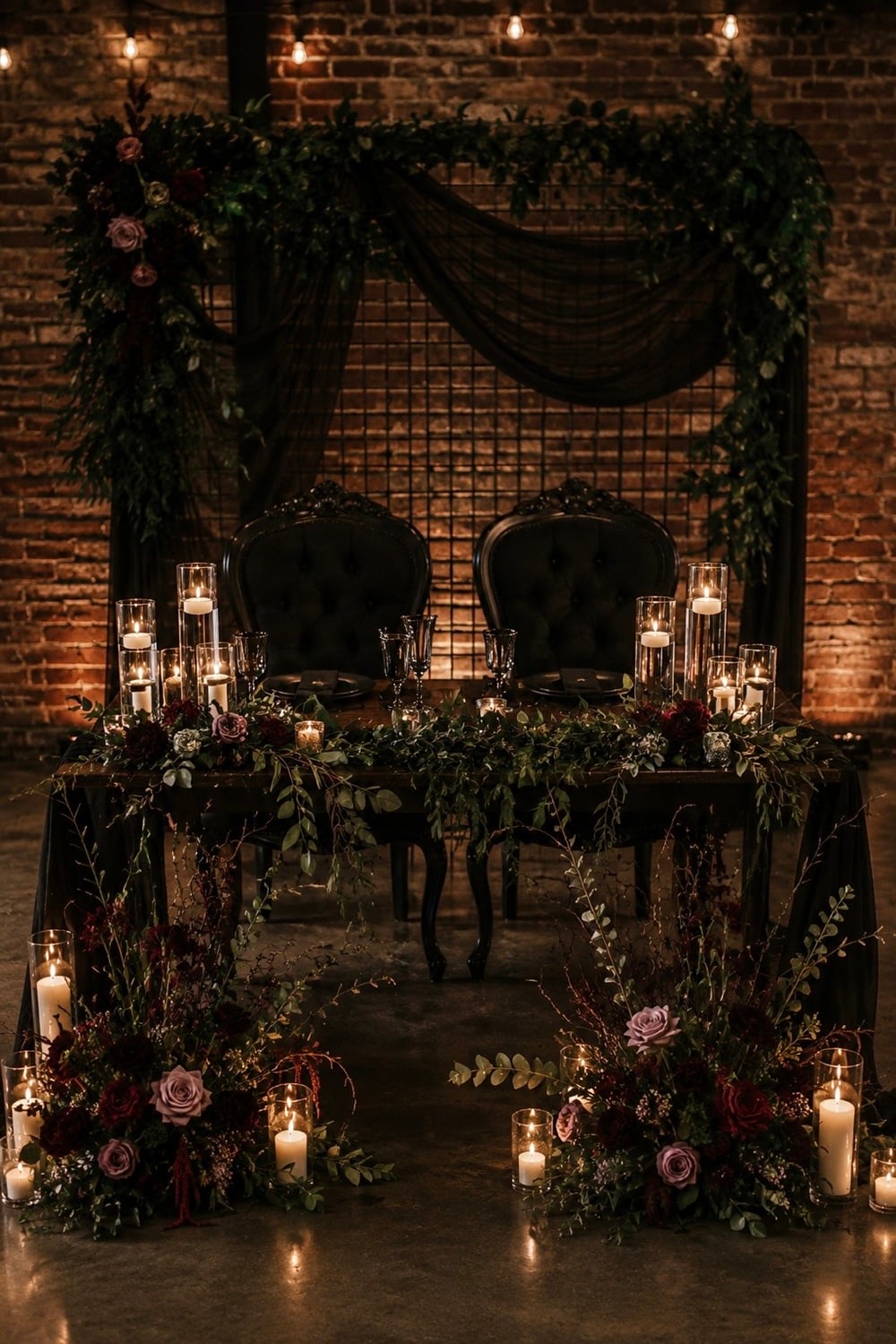 Create an unforgettable atmosphere with a moody bridal table that captivates with its enchanting elegance. Perfect for a rustic or vintage-themed wedding, this table is adorned with deep, rich hues and ambient lighting that sets a romantic and mysterious mood. Incorporate lush greenery, textured fabrics, and elegant candle holders to enhance the allure. Ideal for couples seeking a unique, intimate setting, this moody table is a stunning centrepiece. Moody wedding decor, bridal table ideas, vintage wedding tables, romantic wedding tables.