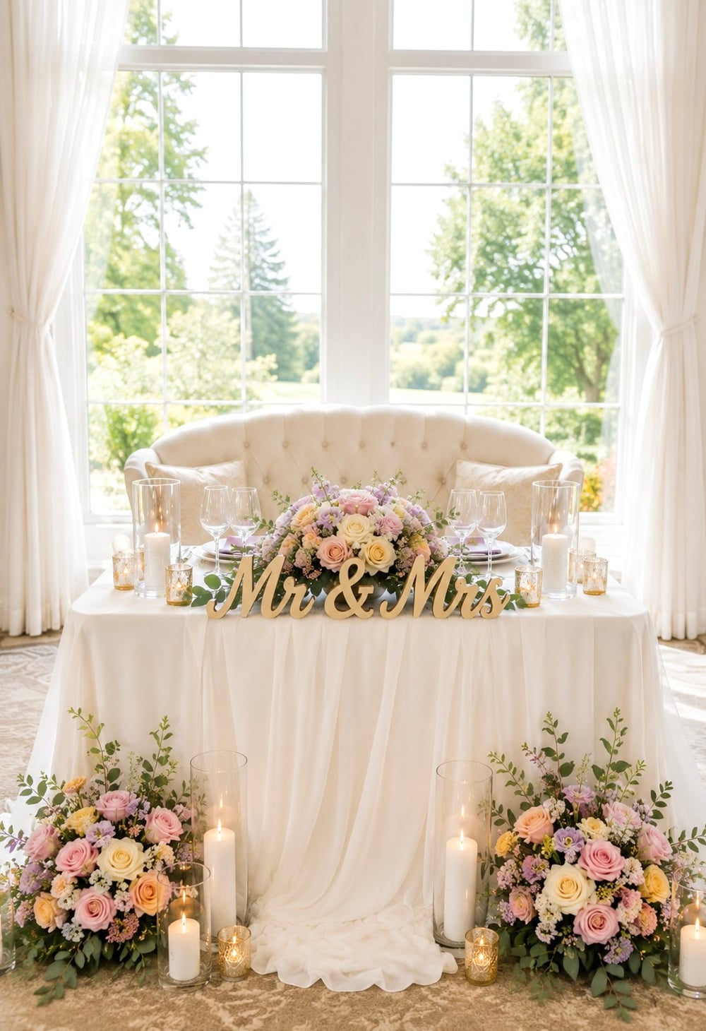 Elevate your wedding reception with a stunning bride and groom table adorned with a charming "Mr. and Mrs." sign. This elegant centerpiece sets the tone for a romantic and personalized celebration. Perfect for a rustic, vintage, or modern theme, the table showcases your unique style with exquisite tableware and lush floral arrangements. Capture the essence of your love story with this picture-perfect setup. Bride and groom table, Mr. and Mrs. sign, wedding decor, personalized wedding, elegant reception, romantic centerpiece, wedding styling ideas.