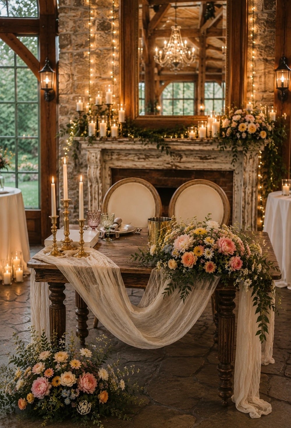 Create a breathtaking focal point for your wedding with a vintage-themed bride-and-groom table that exudes timeless elegance. Adorned with lace tablecloths, antique candelabras, and vintage china, this setup offers a romantic atmosphere perfect for your special day. Keywords: vintage wedding decor, antique wedding table, romantic wedding theme. Inspired by classic charm, this table setting is ideal for couples who cherish nostalgia and sophistication. Transform your venue into an enchanting scene that will captivate both guests and photographers alike.