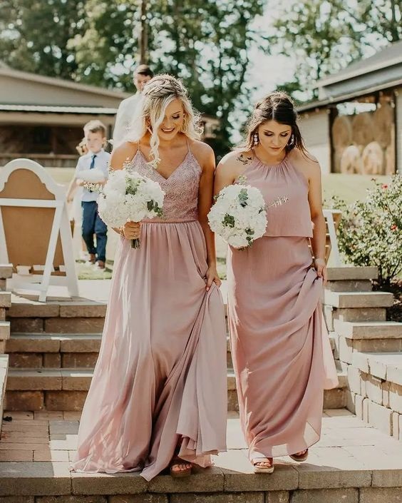 Blush mix and match dresses for your bridesmaid. Mismatched Blush Bridesmaid Dresses For gorgeous wedding color scheme, try pairing blush bridesmaid dresses with burgundy bridesmaid dresses! Check out our favorite inspiration here.
