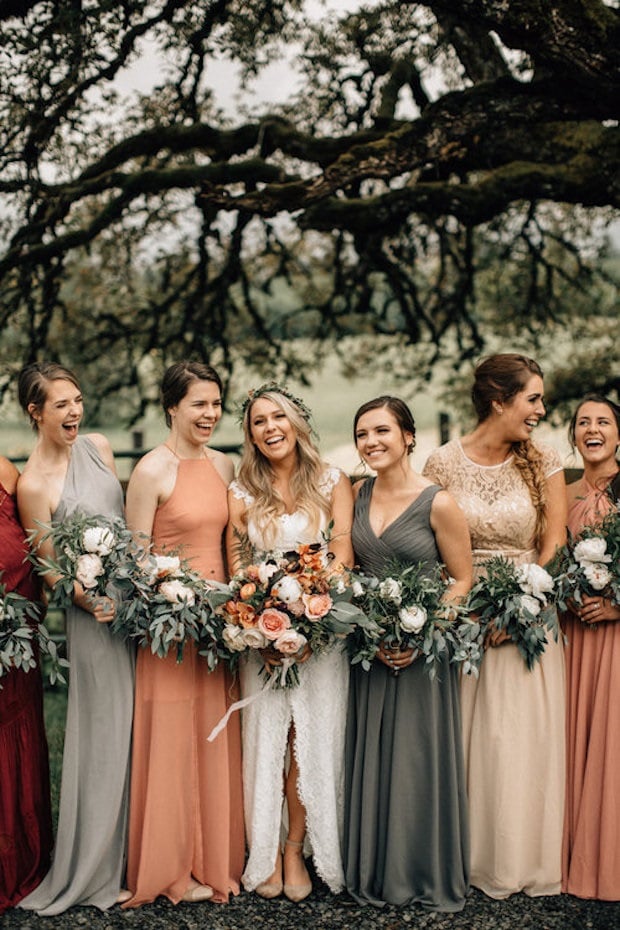 Shades of colours for mismatched bridesmaid dresses for weddings. Mix and match bridal party dresses. 25 Ideas for Mix and Match Bridesmaid Dresses Choosing your bridesmaids dresses can be a tough job, but if you're opting for mix and match bridesmaid dresses, we're here to help with 25 gorgeous ideas.