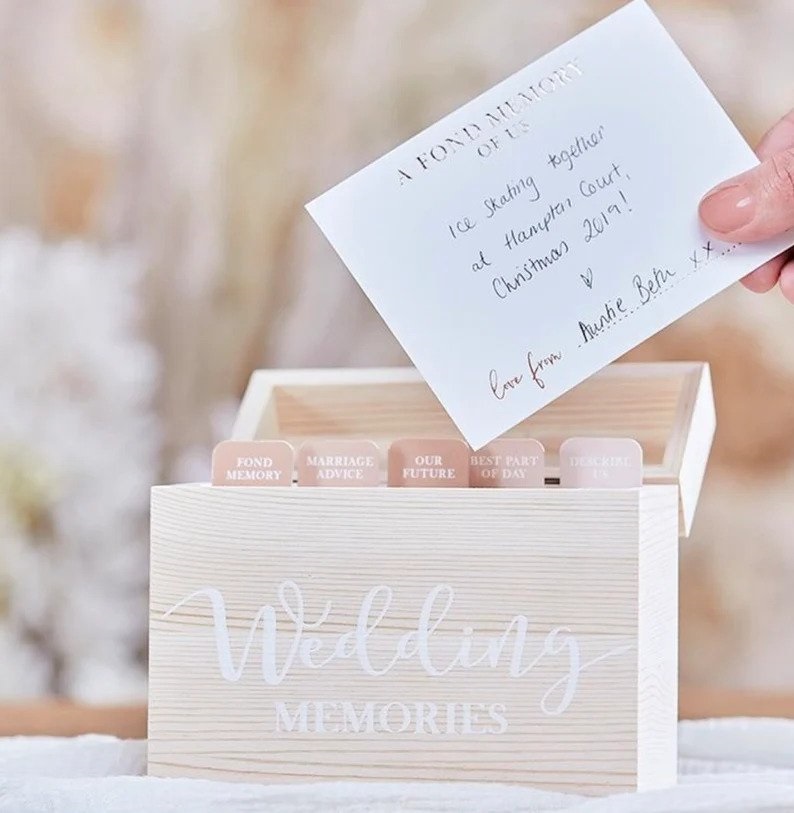 Grab this wedding memory box as an alternative to a wedding guest book! It's fun and unique. It is the perfect keepsake for your wedding.