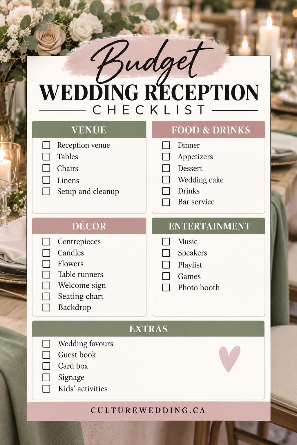 Planning a beautiful wedding on a budget? Save this budget-friendly wedding reception checklist for affordable wedding reception ideas, cheap wedding reception planning, wedding reception décor, budget wedding food, inexpensive wedding venues, DIY wedding decorations, wedding centrepieces, affordable wedding entertainment, wedding reception essentials, small wedding ideas, and money-saving wedding tips. This simple wedding reception checklist helps you plan every detail while keeping costs under control without sacrificing style!