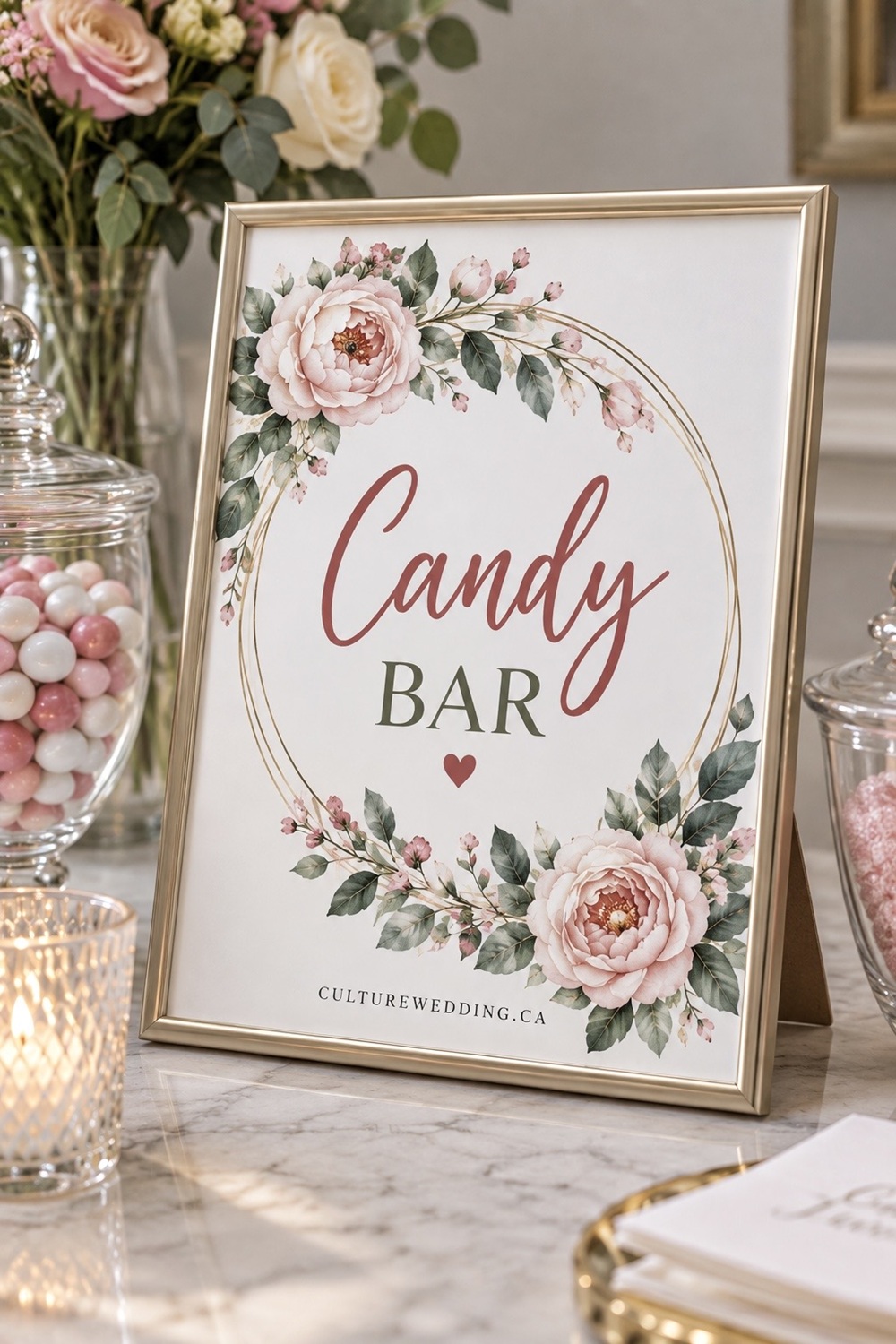Candy bar wedding printable signage is a fun and easy way to add a sweet touch to your wedding reception! These printable wedding signs are perfect for a DIY candy bar, dessert table, wedding candy buffet, bridal shower, engagement party, or birthday celebration. Create a beautiful candy station with cute wedding décor, personalized signage, sweet treats, and an easy setup your guests will love. Perfect for brides planning a budget-friendly wedding reception.
