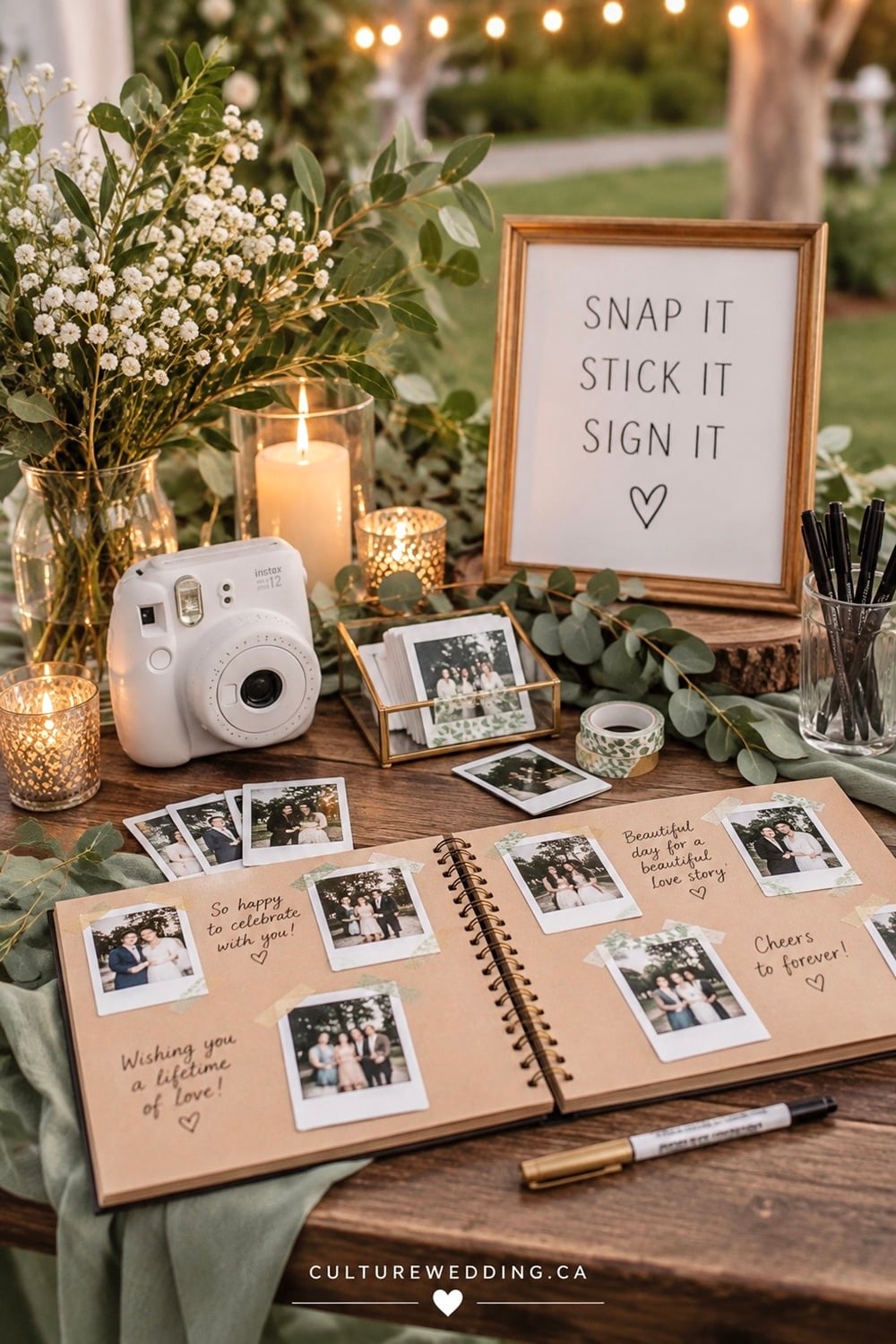 Polaroid or instant camera guest book ideas for a fun and memorable wedding reception activity. Set up an instant camera guest book where wedding guests can take photos, add their pictures to a wedding guest book and leave sweet messages for the newlyweds. Find creative wedding guest book ideas, DIY wedding guest book ideas, photo guest book ideas, Polaroid wedding ideas, instant photo guest books, wedding reception activities and unique wedding ideas that create lasting memories.