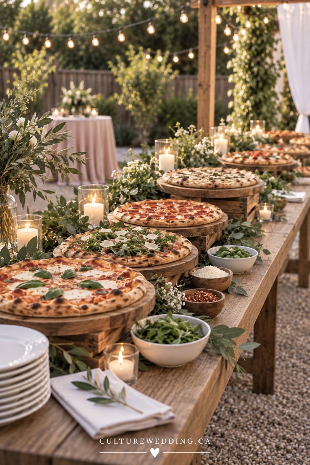 Gourmet wedding pizza is a fun and affordable option for cheap wedding reception food ideas. Serve delicious pizza at your wedding with gourmet toppings, wood-fired pizza, pizza bars and creative pizza stations. Perfect for couples looking for budget wedding food ideas, cheap wedding catering, affordable wedding reception food, casual wedding food, backyard wedding food ideas or DIY wedding catering. Add salads, appetizers, dipping sauces and late-night pizza for an easy wedding menu that guests will love without spending a fortune.