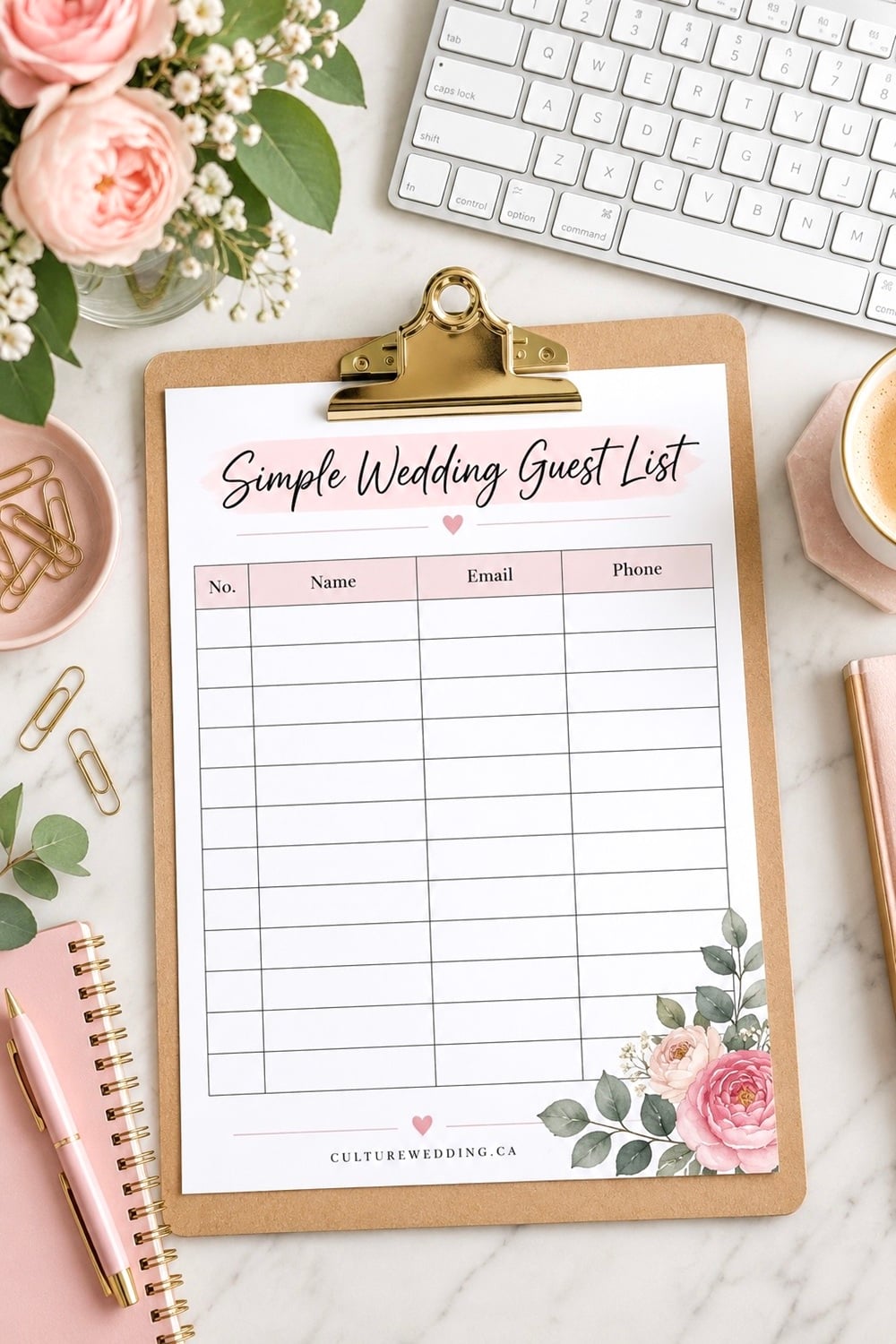 Simple wedding guest list printable to make wedding planning easier and more organized. Use this wedding guest list template to track your wedding guests, RSVPs, invitations, meal choices, plus-ones and important guest details. Perfect for brides planning a small wedding, budget wedding or large celebration. Pair this printable wedding planner with a wedding checklist, wedding planning binder, seating chart, RSVP tracker, wedding budget planner and other wedding planning printables to keep everything organized from engagement to wedding day.