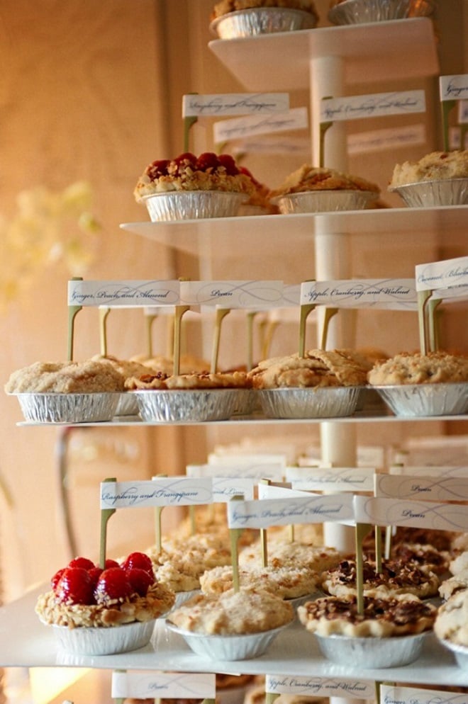 Wedding comfort foods such as mini pies. Depending on the size of your wedding, you can create a variety of pies for your guests to enjoy. Go ahead and serve these amazing food bars for your wedding reception. 