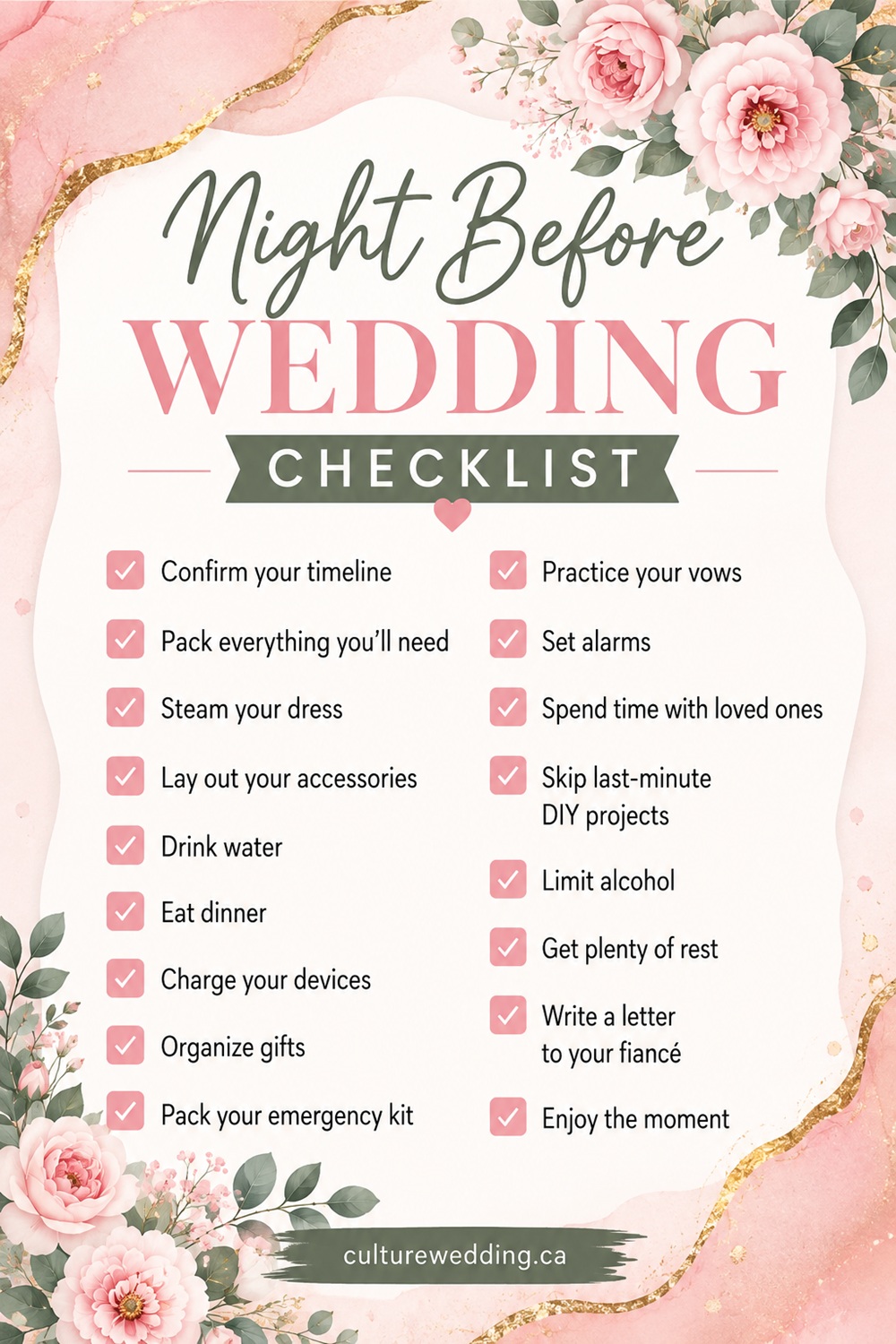 Get ready for your big day with this ultimate wedding day preparation checklist! Discover what to do before your wedding, from getting ready and packing wedding day essentials to organizing your bridal emergency kit, timeline, beauty routine, and last-minute details. This easy wedding checklist will help brides stay organized, stress-free, and prepared. Perfect for brides planning their wedding morning, bridal party, and dream wedding day! #WeddingChecklist #WeddingPlanning #WeddingDay
