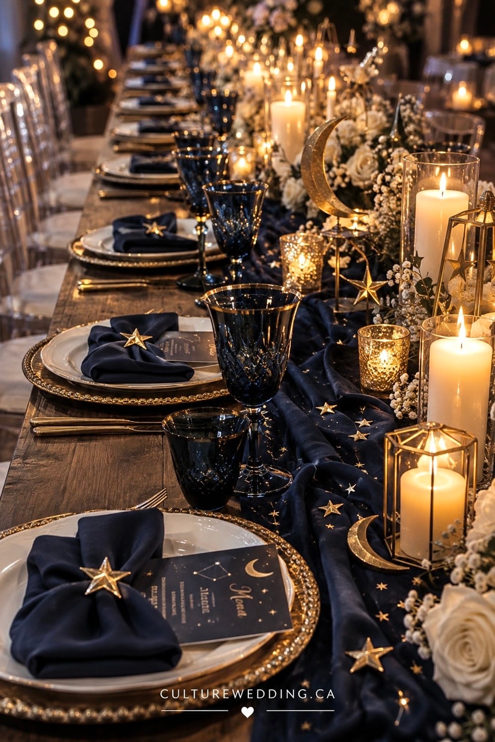 Celestial wedding theme ideas for a magical, romantic celebration inspired by the night sky. Find celestial wedding decor, celestial wedding decorations, starry night wedding ideas, moon and stars wedding decor, celestial wedding reception ideas, galaxy wedding ideas, navy blue wedding decor, midnight blue wedding colors, gold wedding decorations, celestial wedding centerpieces, moon wedding details, star wedding decorations, dreamy wedding ideas and romantic wedding reception decor. Perfect for a fall or winter wedding, evening ceremony or magical wedding theme.