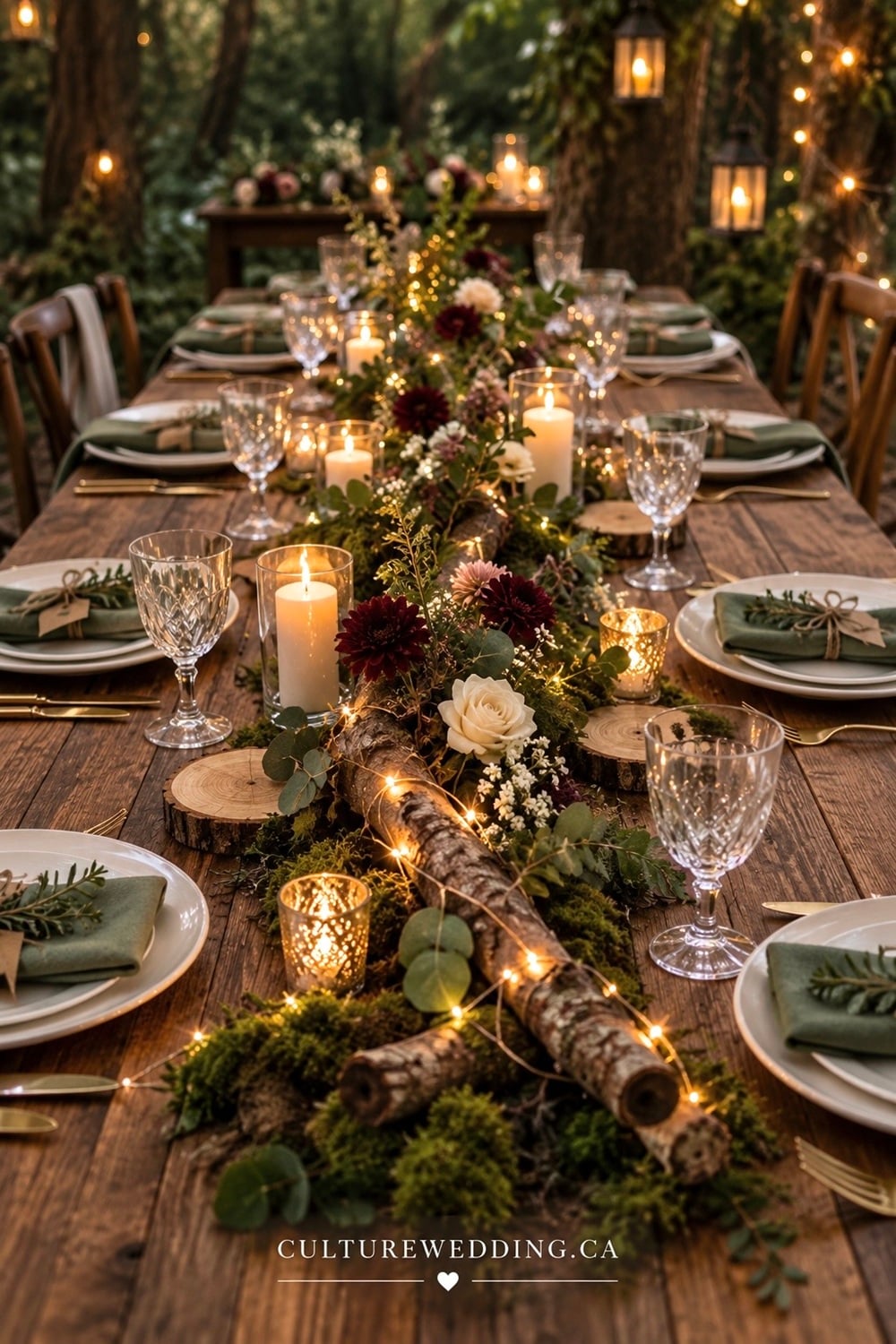 Enchanted Forest wedding reception ideas for a magical, romantic celebration surrounded by lush greenery, twinkling lights and woodland-inspired details. Find enchanted forest wedding decor, forest wedding ideas, woodland wedding decorations, fairy wedding ideas, magical wedding decor, forest wedding reception ideas, rustic wedding decorations, moss wedding decor, greenery wedding centerpieces, tree wedding decor, candlelit wedding tables, fairy lights and whimsical wedding ideas. Perfect for an outdoor wedding, fall wedding, intimate reception or fairytale wedding theme.