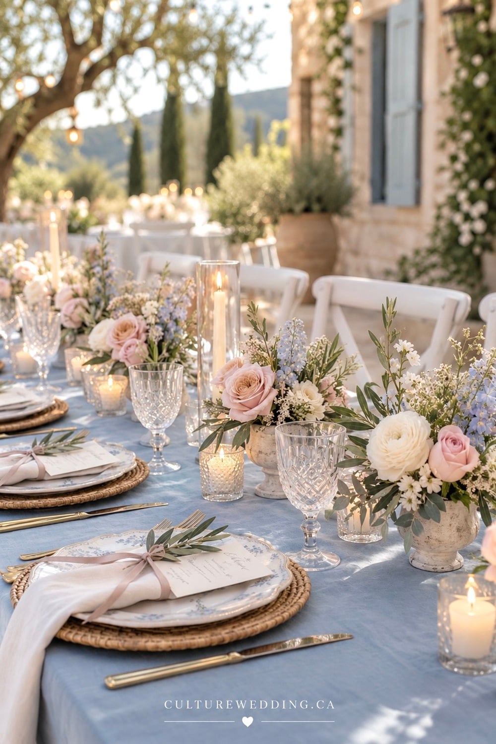 French Country wedding reception ideas for a romantic, elegant celebration inspired by the French countryside. Find French country wedding decor, French country wedding decorations, French countryside wedding ideas, rustic elegant wedding decor, European wedding ideas, Provence wedding decor, vintage wedding decorations, romantic wedding reception ideas, French wedding table decor, floral wedding centerpieces, blue and white wedding decor, antique wedding details, linen table settings and countryside wedding ideas. Perfect for a garden wedding, summer wedding or elegant rustic celebration.