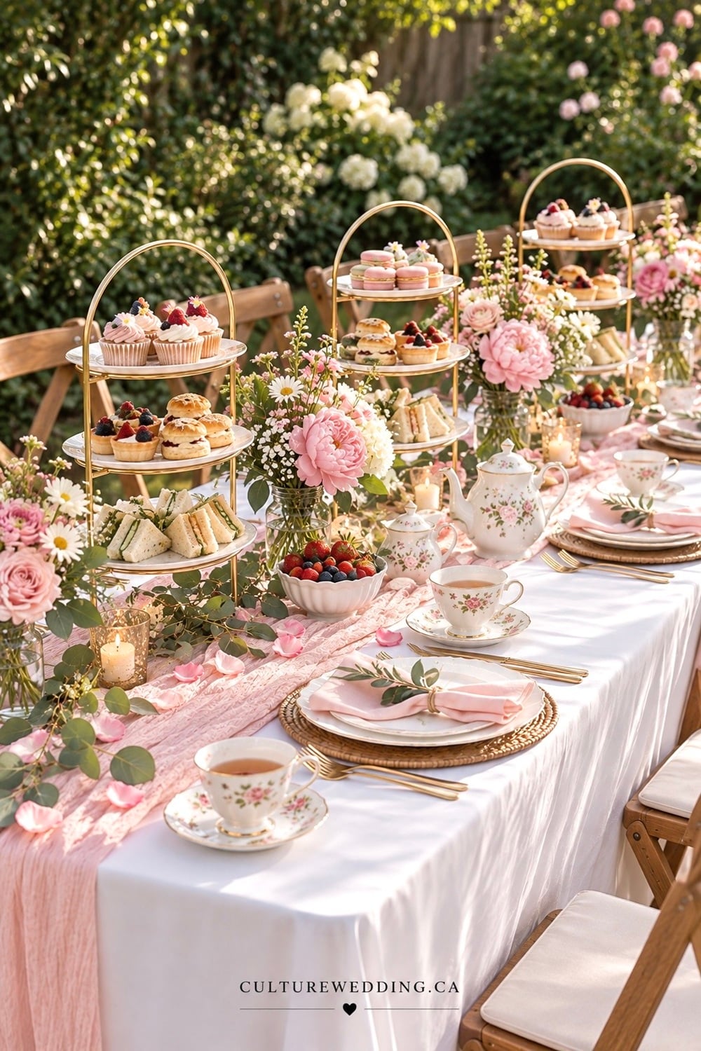 Garden tea party wedding reception ideas for a romantic, elegant celebration filled with flowers, vintage details and afternoon tea charm. Get garden wedding ideas, tea party wedding decor, English garden wedding ideas, outdoor wedding reception ideas, floral wedding decorations, vintage wedding decor, garden wedding centerpieces, afternoon tea party ideas, elegant wedding table settings, pastel wedding colors, tea cups, floral arrangements and romantic wedding details. Perfect for a spring or summer garden wedding.