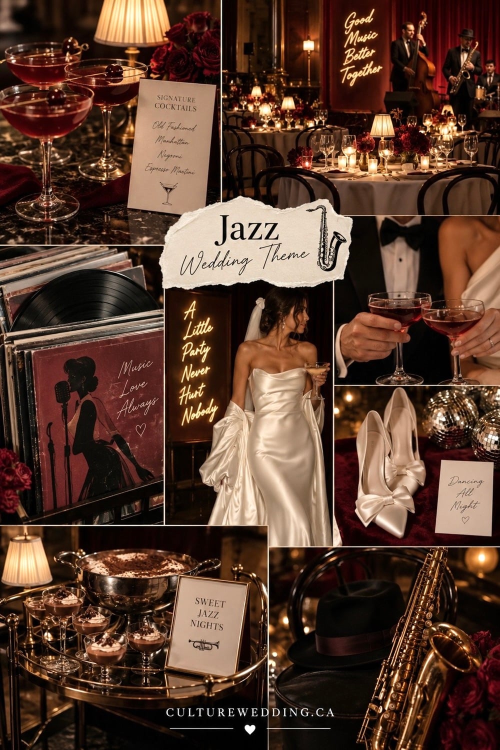 Jazz club wedding ideas for a moody, romantic celebration inspired by vintage jazz lounges and glamorous nightlife. Find jazz wedding decor, jazz club wedding reception ideas, vintage wedding decorations, Art Deco wedding ideas, moody wedding decor, black tie wedding ideas, elegant wedding reception decor, 1920s wedding ideas, dark wedding colors, velvet wedding decor, candlelit wedding tables, cocktail wedding ideas, live music wedding ideas and glamorous wedding decorations. Perfect for an intimate evening wedding, sophisticated reception or vintage-inspired wedding theme.