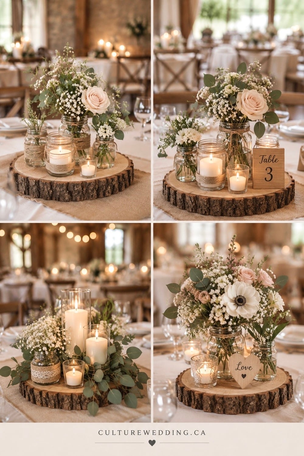 Rustic wedding reception ideas for a warm, romantic celebration. Get rustic wedding decor ideas featuring rustic wedding decorations, country wedding ideas, farmhouse wedding decor, barn wedding reception ideas, rustic wedding centerpieces, wood wedding decor, greenery wedding decorations, mason jar centerpieces, candles, string lights, neutral wedding colors and rustic table decor. Perfect for a cozy outdoor wedding, barn wedding, country wedding or simple rustic wedding theme.