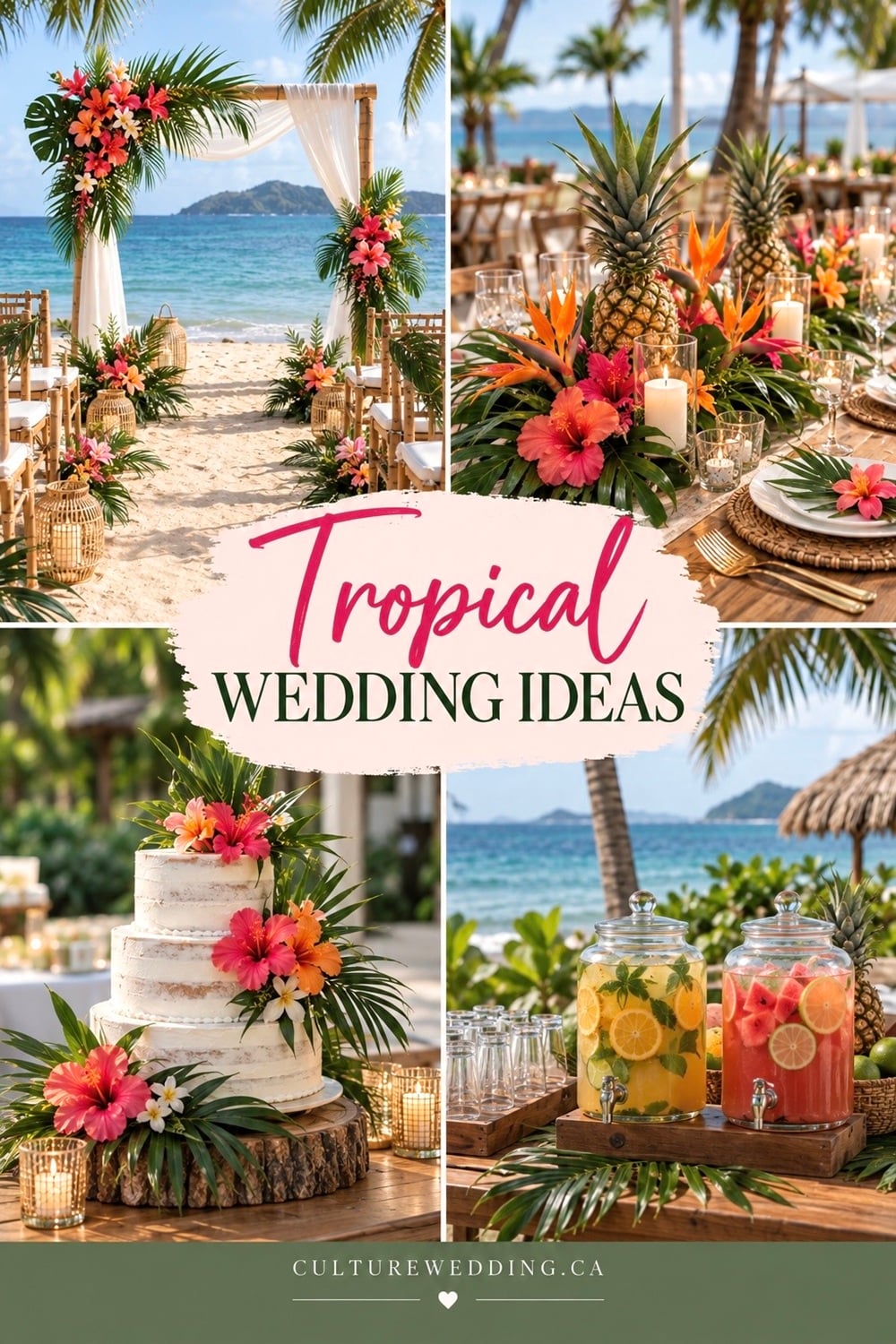 Tropical wedding theme ideas for a colorful, romantic celebration filled with lush greenery, tropical flowers and island-inspired details. Find tropical wedding decor, tropical wedding decorations, beach wedding ideas, destination wedding ideas, tropical wedding centerpieces, tropical floral arrangements, palm leaf wedding decor, tropical wedding reception ideas, colorful wedding decorations, greenery wedding ideas, summer wedding themes and tropical wedding table decor. Perfect for a beach wedding, destination wedding or backyard tropical celebration.
