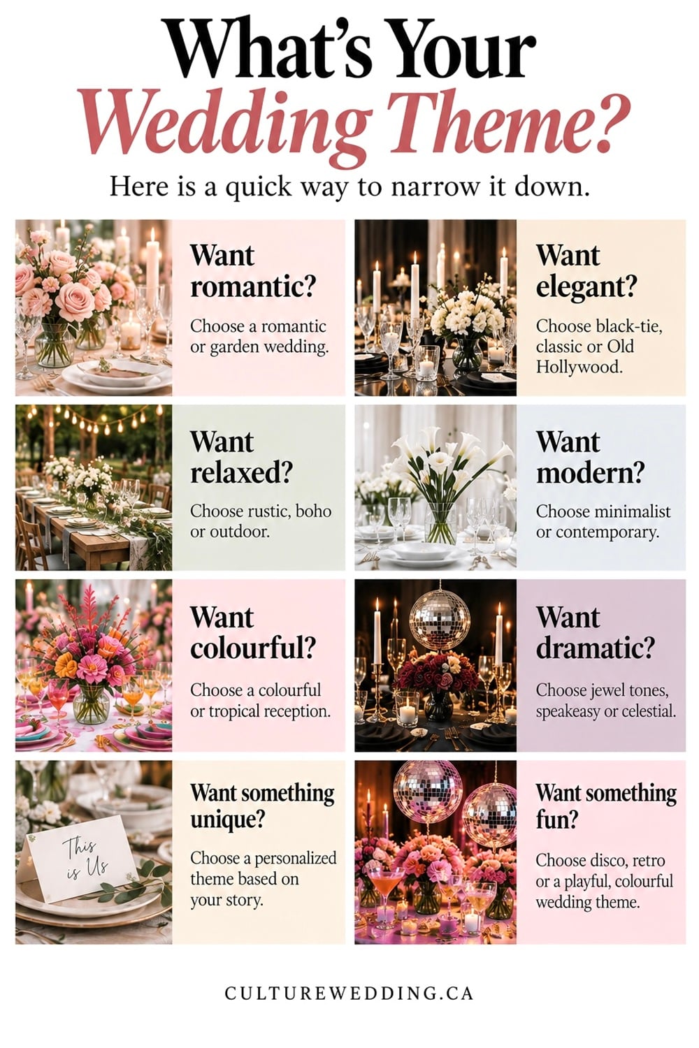 Choosing your wedding theme is one of the most exciting parts of wedding planning. Find wedding theme ideas, wedding style ideas, wedding color ideas, wedding decor ideas, wedding decorations, wedding reception themes, romantic wedding ideas, elegant wedding themes, rustic wedding ideas, modern wedding decor, boho wedding ideas, vintage wedding themes and unique wedding ideas. Learn how to choose a wedding theme that fits your style, venue, season and personality, from classic and timeless to colorful, modern, romantic or rustic.