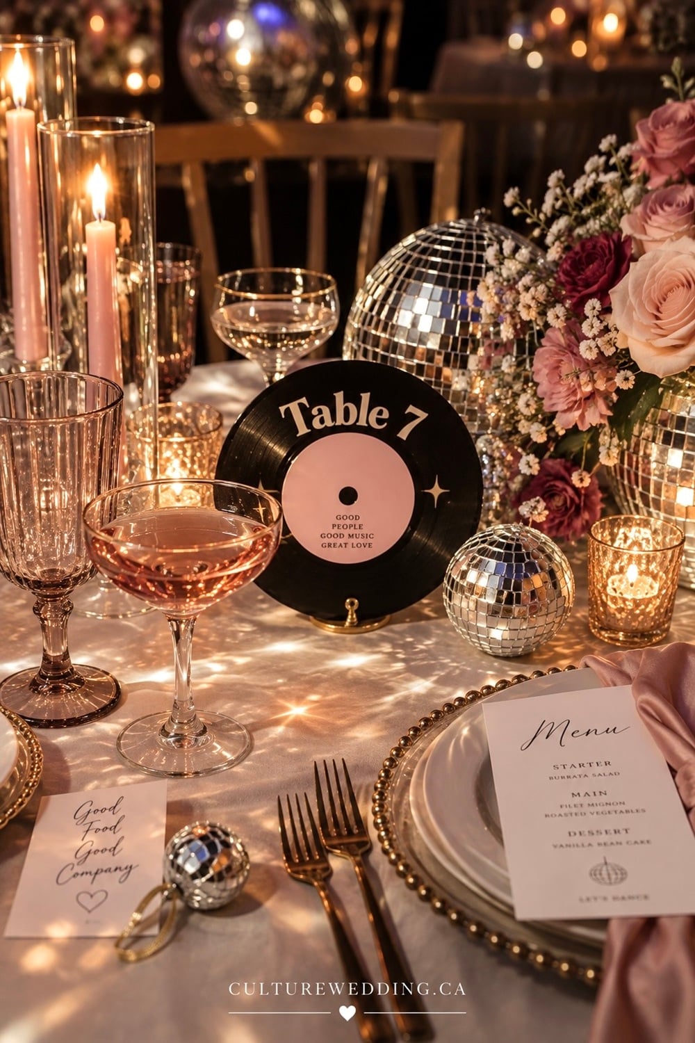 Disco-themed wedding ideas for a fun, colorful celebration with retro style and plenty of sparkle. Find disco wedding decor, disco wedding decorations, disco ball wedding ideas, disco wedding reception ideas, retro wedding decor, 70s wedding ideas, fun wedding themes, colorful wedding decorations, disco ball centerpieces, glitter wedding decor, funky wedding ideas, dance floor wedding decor, colorful wedding reception ideas and party wedding inspiration. Perfect for couples planning a unique wedding, modern disco wedding, retro wedding reception or unforgettable dance party.