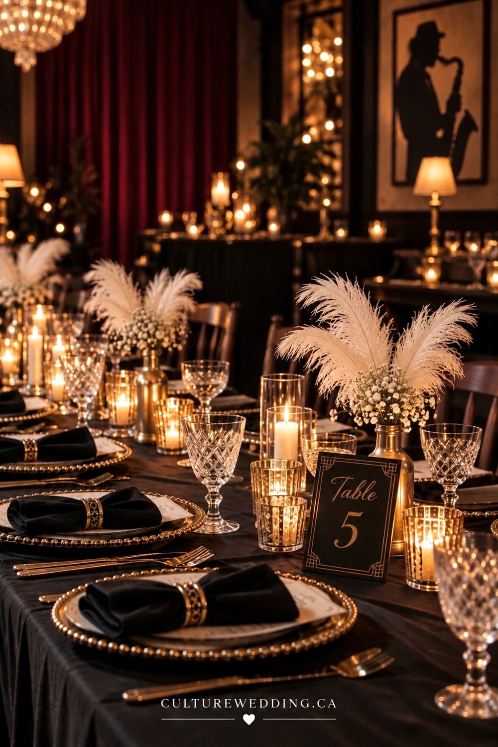 Speakeasy-inspired wedding reception ideas for a glamorous, moody celebration with vintage 1920s style. Find speakeasy wedding decor, speakeasy wedding ideas, vintage wedding decorations, 1920s wedding ideas, Art Deco wedding decor, Gatsby wedding ideas, black and gold wedding decor, moody wedding reception ideas, elegant wedding centerpieces, velvet wedding details, candlelit wedding tables, cocktail wedding ideas, vintage wedding reception decor and glamorous wedding decorations. Perfect for an intimate evening wedding, black tie reception or Great Gatsby wedding theme.