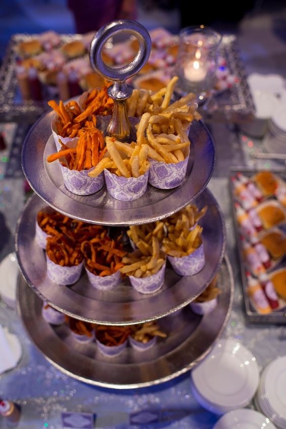 French Fry Late-Night Snacks! One way to keep the party going? Late night reception snacks! Offering guests a snack a few hours after dinner and cake has been served is a great way to keep guests energized and ready to party.