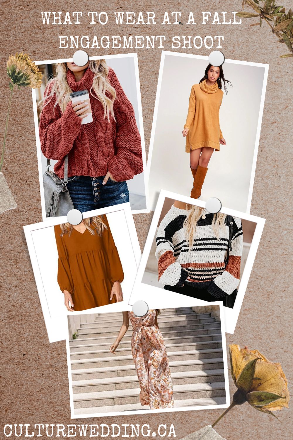 Brown Simple Floral Rustic Women Fashion Photo Collage! Engagement shoot for fall. Fall engagement shoot ideas. What to wear at a fall engagement session. 