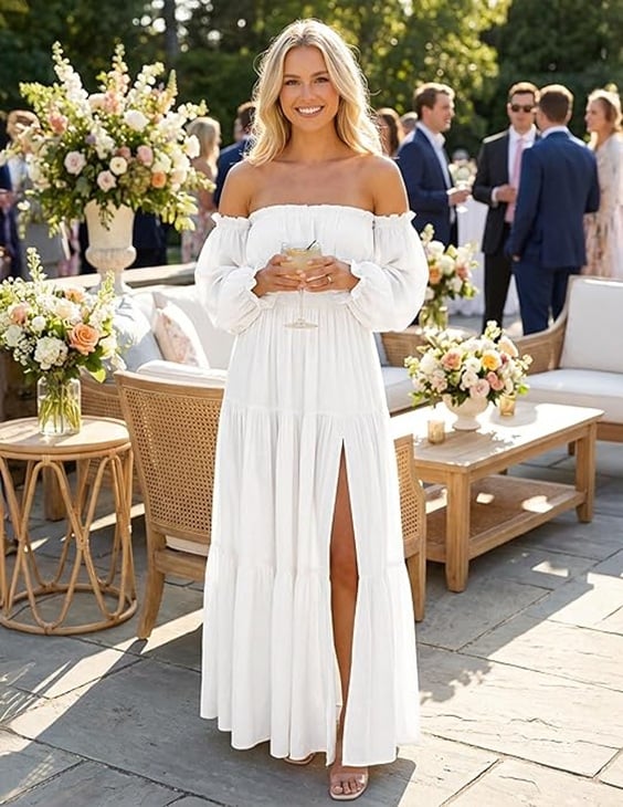 If you are looking for a gorgeous long flowy dress for an engagement shoot, check out this stunning white Maxi Dress! It's the perfect engagement photo outfit!