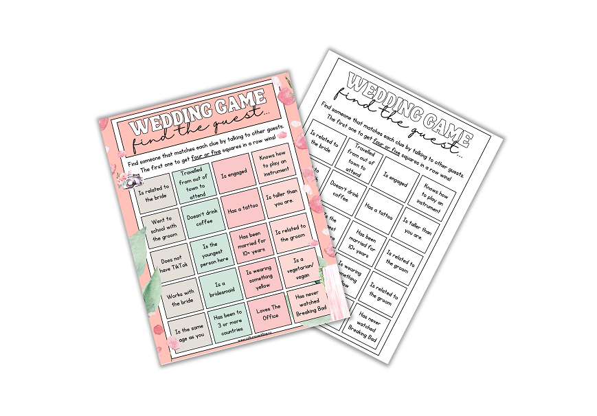 Find the Guest Bingo Bridal Bingo Bridal Shower Game! One of our favorite things about weddings is the games. These wedding games for guests are full of fun, & even some kisses.