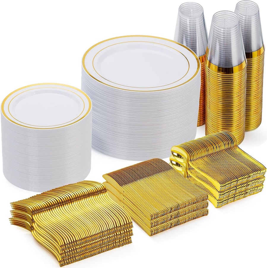 Goodluck 600 Piece Plastic Dinnerware Set for 100 Guests,Plastic Plates for Party,Dinnerware Set Include 100 Gold Rim Dinner