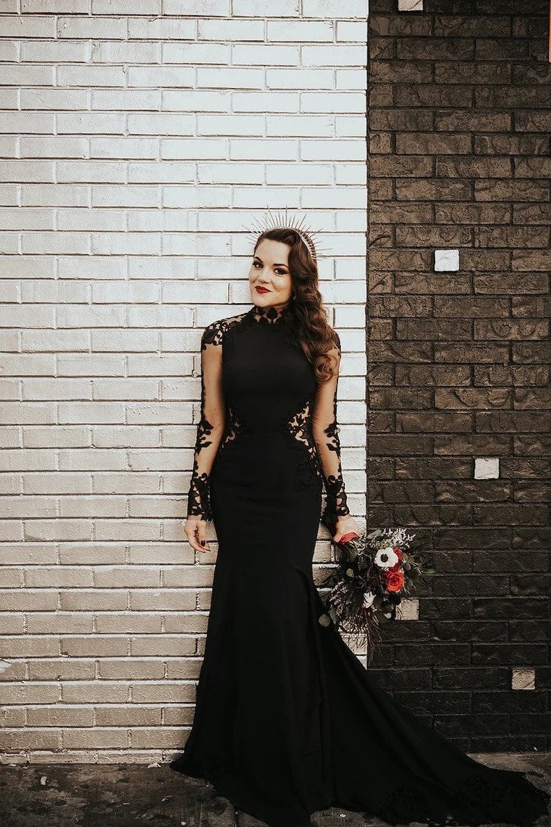 Black Lace Wedding Dress! othic Wedding Dress, Black Bridal Gown, Black Wedding Dress, Long Lace Sleeves.