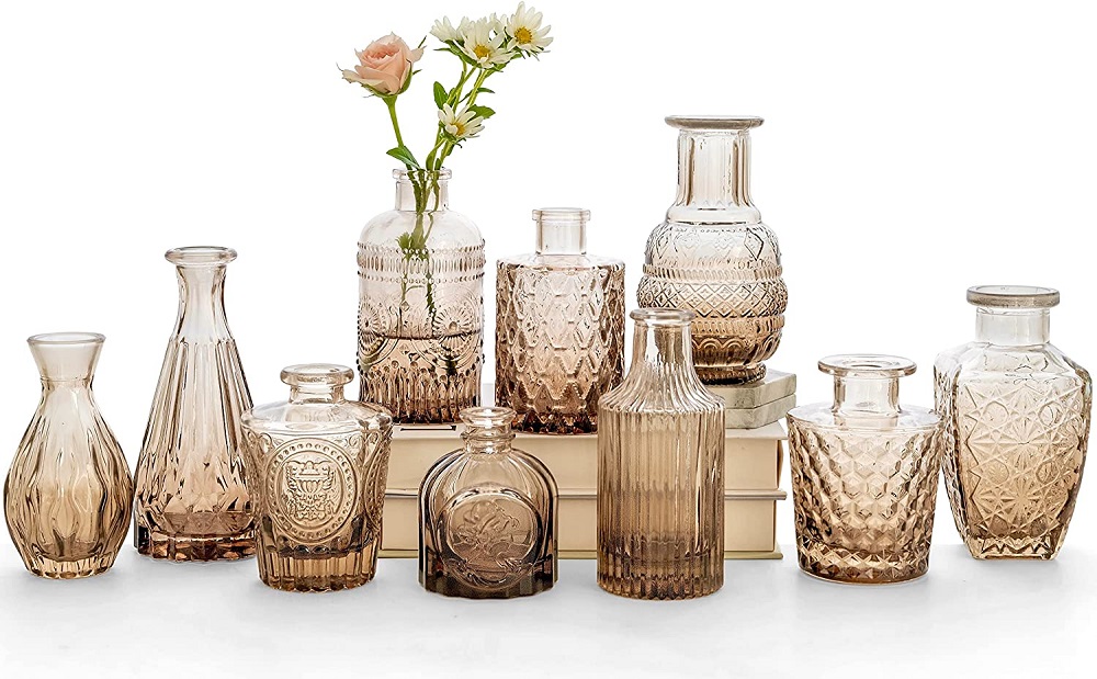 Amber Glass Bud Vase Set of 10 - Small Vases for Flowers, Bud Vases in Bulk, Cute Glass Vases for Centerpieces, Mini Vintage Vase for Wedding Decorations