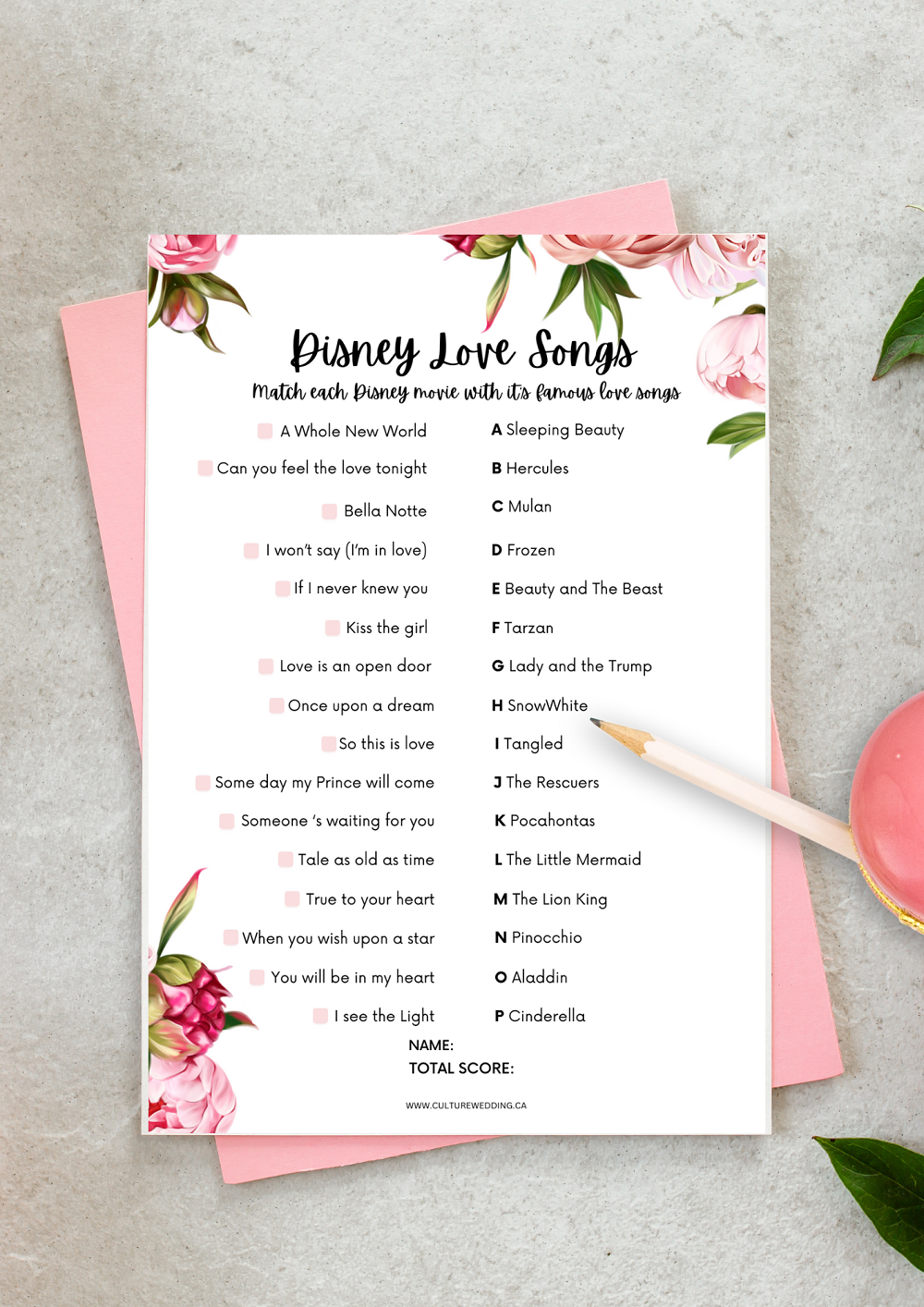 Are you looking for a fun and unique way to celebrate the bride-to-be? Check out our Disney Love Songs Printable Game for bridal showers! This game is perfect for any Disney-loving bride and her guests, featuring some of the most iconic love songs from Disney movies. Print out the game cards and let the fun begin! Whether you're a Disney fanatic or just looking for a fun way to engage with your fellow shower attendees, this game is sure to be a hit. So what are you waiting for? Add magic to your bridal shower with our Disney Love Songs Printable Game! 