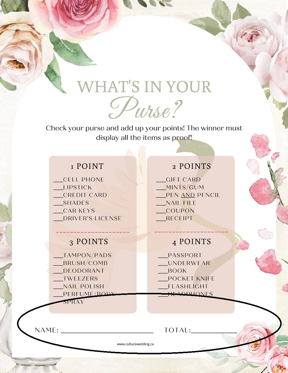 Are you looking for a fun and easy game to play at your bridal shower? Try "What's in your purse?"! This game is all about discovering the unexpected and hilarious items your friends and family carry around with them every day. Simply grab a piece of paper, list common and uncommon items (like a flashlight, lipstick, or even a rubber chicken), and see who has the most things in their purse! It's a great conversation starter and a fun way to get to know each other better. Give it a try! 