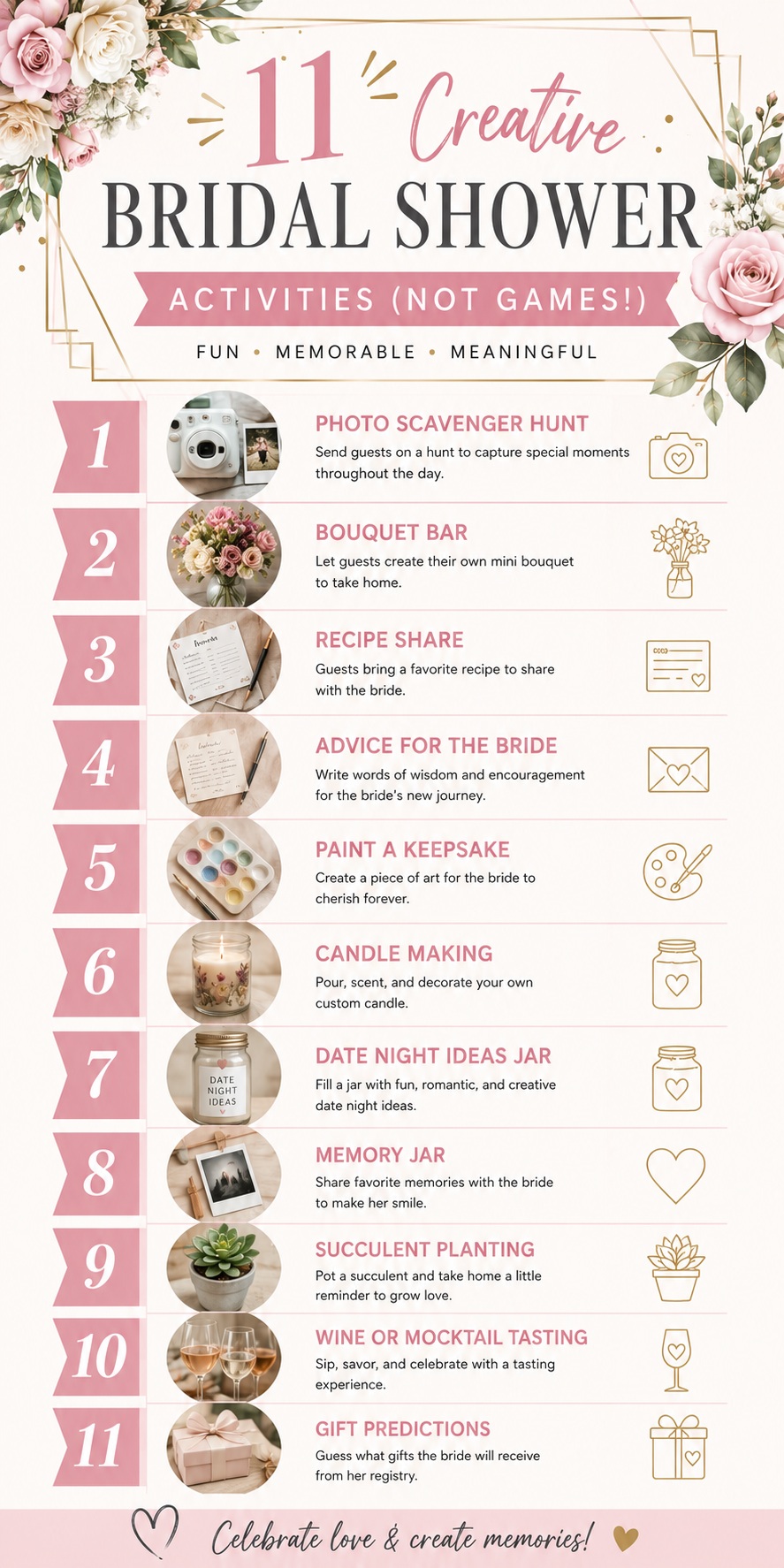Check unique fun without the traditional games at your bridal shower! You have come to the right place if you want bridal shower activities that are not games. Imagine a day filled with laughter and bonding over creative activities like a DIY flower crown station, where guests craft their personalized floral accessories. Picture a charming "advice for the bride" corner, inviting everyone to share heartfelt wisdom and hilarious anecdotes. Envision an elegant perfume bar offering a scent-national experience to mix bespoke fragrances. These unforgettable moments create not just a party but lasting memories. Add a unique touch to your bridal shower celebration with these non-traditional activities. Perfect for the modern bride seeking something genuinely special!