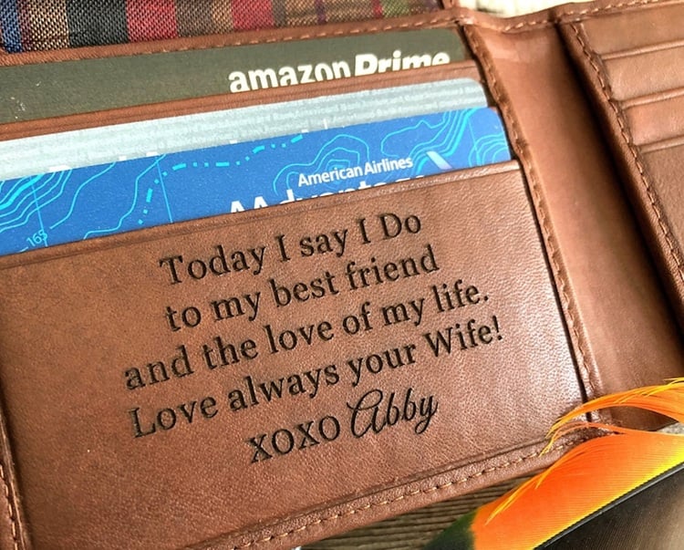 Some of the best wedding day gifts for grooms are Personalized Groom Wallet: The Perfect Wedding Day Gift! Surprise your groom with a personalized wallet that combines practicality with sentimental value. This elegant and timeless gift can be customized with his initials, a meaningful date, or a heartfelt message engraved inside. Ideal for holding precious keepsakes like photos or love notes, the wallet is crafted from high-quality materials to ensure durability and style. It's a thoughtful way to show your love and appreciation on your special day. This personalized groom wallet is not just a gift; it's a cherished memory he'll carry with him always.