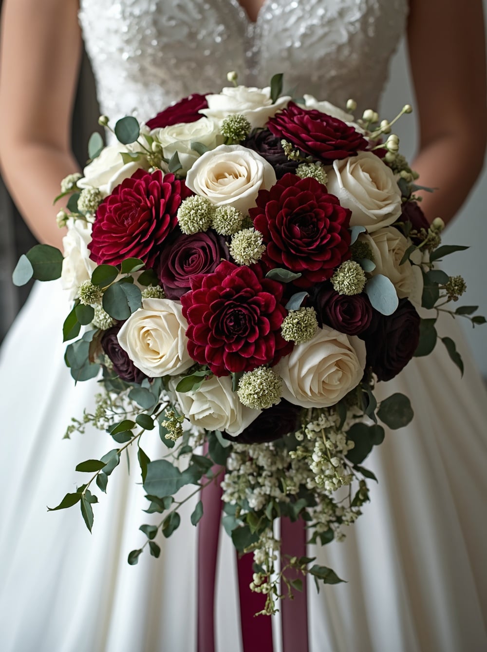 Elevate your wedding day with a stunning bouquet that captures the essence of elegance and romance. This exquisite arrangement features a captivating blend of plum dahlias, merlot roses, and ivory garden roses, creating a rich tapestry of colours that exudes sophistication. Perfect for the bride seeking a timeless and breathtaking floral accent, this bouquet offers a harmonious balance of deep, velvety hues with soft, creamy tones. Whether your ceremony is set in a lush garden or a grand ballroom, this bouquet is sure to leave a lasting impression. Explore this floral masterpiece and make your wedding unforgettable!