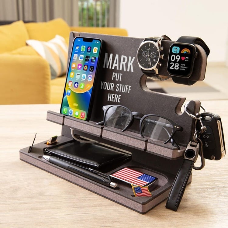 Check out the perfect gift for the groom with this stylish docking station! Ideal for keeping all essentials organized, this sleek accessory caters to his practical needs while adding a touch of elegance to his space. Crafted from premium materials, it offers dedicated space for his phone, watch, keys, and other daily items. Perfect for home or office, this docking station ensures he starts each day with everything in place. A thoughtful and functional gift that every groom will appreciate as he steps into married life!