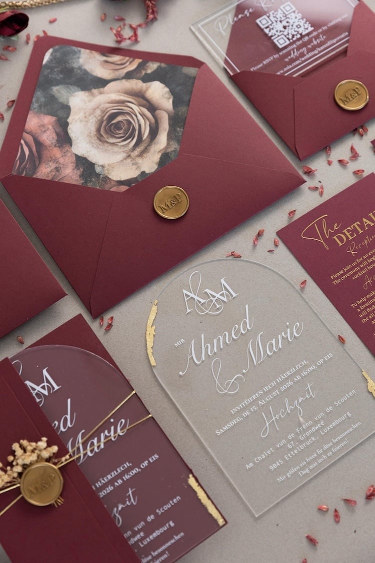 Elevate your wedding stationery with our stunning plum and merlot wedding invitation suite! This sophisticated collection exudes elegance and romance, perfectly capturing the essence of your special day. Rich plum and deep merlot hues blend seamlessly to create a luxurious and inviting colour palette. Each piece of this invitation suite, from the save-the-date cards to the RSVP envelopes, is meticulously designed to reflect your unique style and taste. Perfect for fall and winter weddings, this suite sets the tone for an unforgettable celebration. Let these exquisite invitations be the first glimpse your guests have into the beautiful journey that awaits.