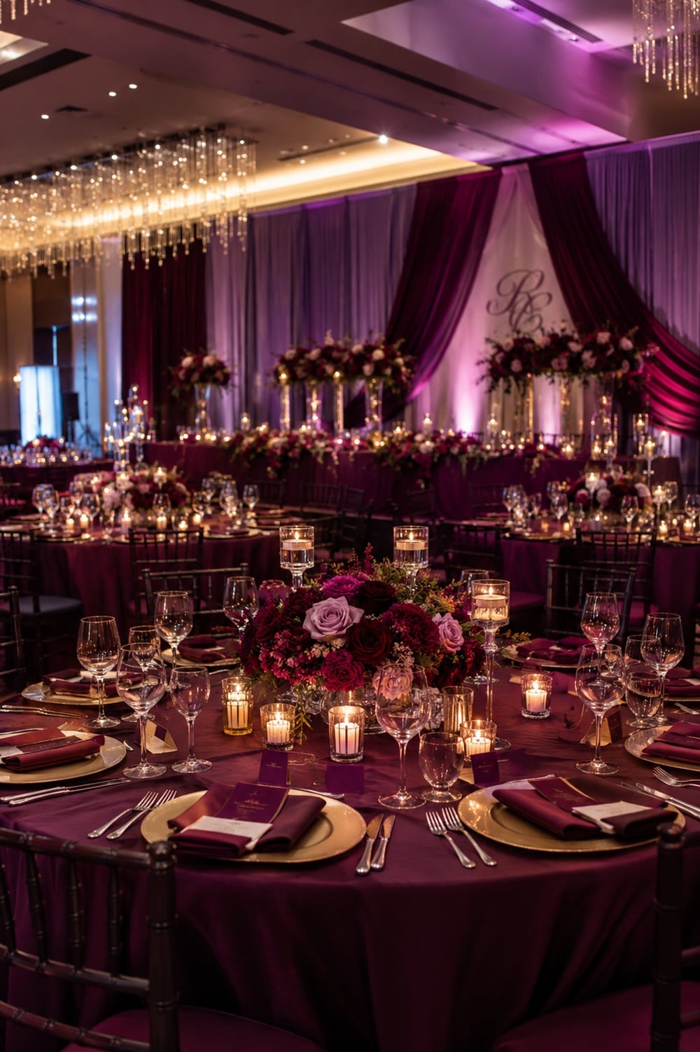 Transform your wedding reception into a sophisticated and romantic affair with our Plum & Merlot theme. These rich, jewel-toned colors create a warm and inviting atmosphere, perfect for fall or winter weddings. Imagine lush floral arrangements, elegant table settings, and ambient lighting that enhances the deep hues. Incorporate velvety textures and sparkling accents to add depth and glamour. From bridesmaid dresses to table linens, this color palette brings a touch of luxury and elegance, making your special day unforgettable. Explore our ideas for a truly enchanting celebration!
