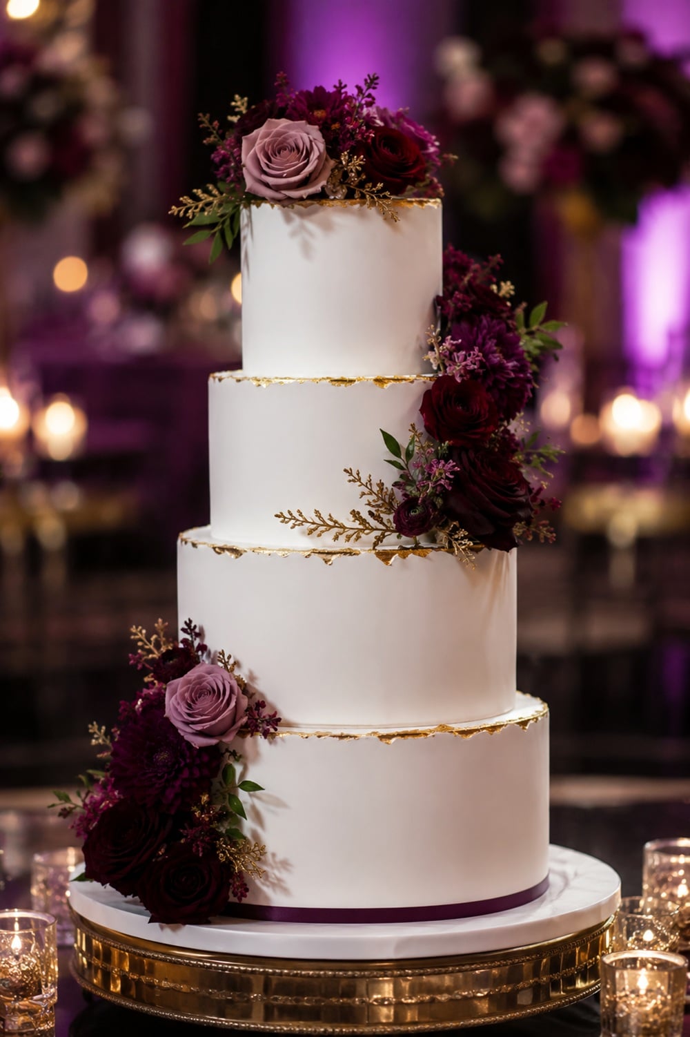 Elevate your wedding dessert with a stunning merlot and plum wedding cake, perfect for a fall or winter celebration. This elegant cake features deep, rich hues that capture the essence of romance and sophistication. With layers of moist cake infused with a hint of merlot and adorned with plum-coloured fondant or fresh-fruit accents, this cake is both a visual and flavorful masterpiece. Ideal for couples looking to make a bold statement, this cake will leave a lasting impression on your guests while perfectly complementing your wedding's colour palette.