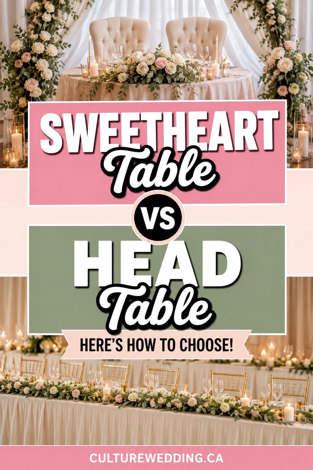 Deciding between a sweetheart table and a head table? Here's what to consider! A sweetheart table offers a romantic, intimate setting for the newlyweds, perfect for enjoying personal moments during the celebration. Adorn it with lush florals and elegant candles for a dreamy vibe. On the other hand, a head table is ideal for those who want to celebrate with their bridal party, fostering a communal and inclusive atmosphere. It’s perfect for large gatherings and creating a sense of togetherness. Whether you choose a sweetheart or head table, both options can beautifully complement your wedding theme. Wedding table ideas, wedding reception seating, romantic wedding decor, bridal party table.