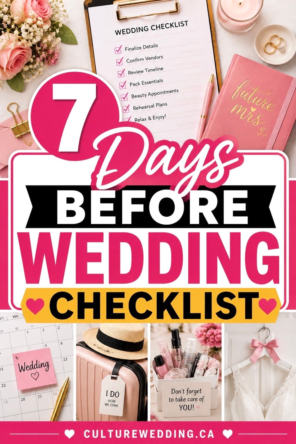 Planning your final week before the wedding? This complete wedding week checklist includes everything brides need to do 7 days before the wedding, wedding morning tips, emergency kit essentials, packing lists, wedding timeline ideas, and stress-free planning advice. Perfect for brides looking for a one week before wedding checklist.