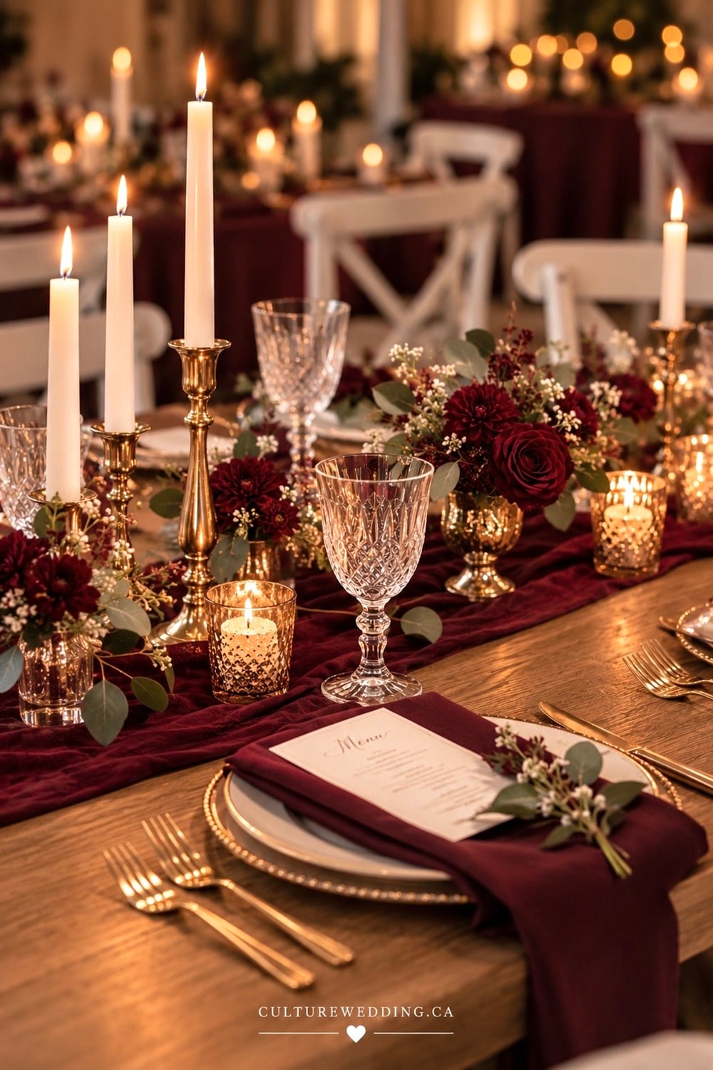 Planning a romantic autumn wedding? 🍂❤️ Burgundy flower centrepieces are a gorgeous way to bring rich, seasonal color to your fall wedding tables. Think burgundy roses, dahlias, deep red blooms, cream flowers, eucalyptus and soft greenery paired with candles, gold accents or rustic details. These elegant fall wedding centrepiece ideas are perfect for October and November weddings, rustic receptions, romantic tablescapes and sophisticated autumn wedding decor. Save this burgundy wedding inspiration for your fall wedding!