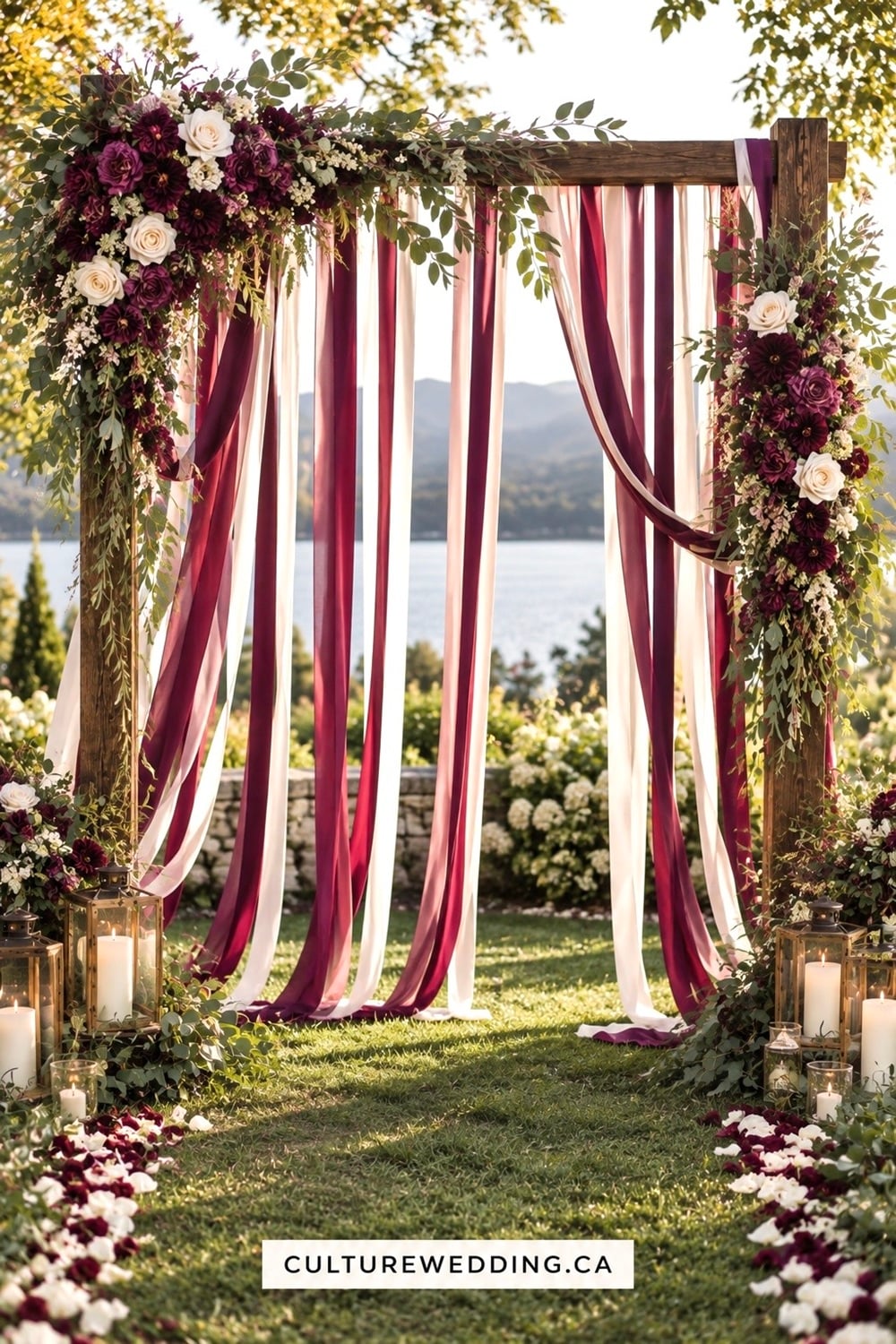 Transform your wedding day with this elegant DIY plum and olive ceremony arch adorned with ribbon. Perfect for a rustic or garden theme, this arch creates a stunning backdrop that combines lush greenery with rich plum tones. Use sustainable materials for an eco-friendly touch and personalize it with your favourite florals. Click for ideas on: wedding arch, rustic decor, garden ceremony, sustainable wedding #WeddingInspiration #DIYDecor #EcoFriendlyWedding. Follow our step-by-step guide to craft this show-stopping arch that will make your special day unforgettable!
